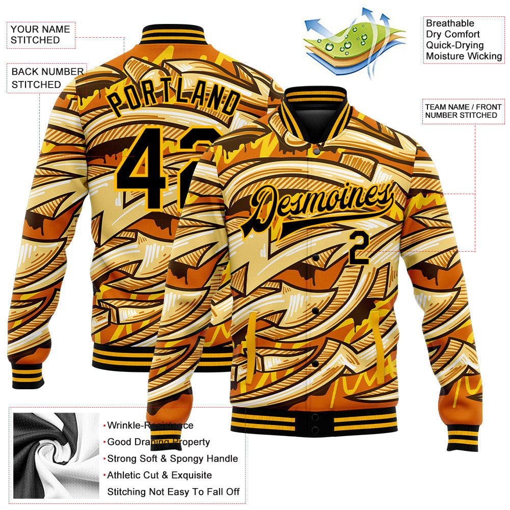 Custom Graffiti Pattern Black-Gold Bright Colored Funky Abstract Arrows 3D Bomber Full-Snap Varsity Letterman Jacket view 5