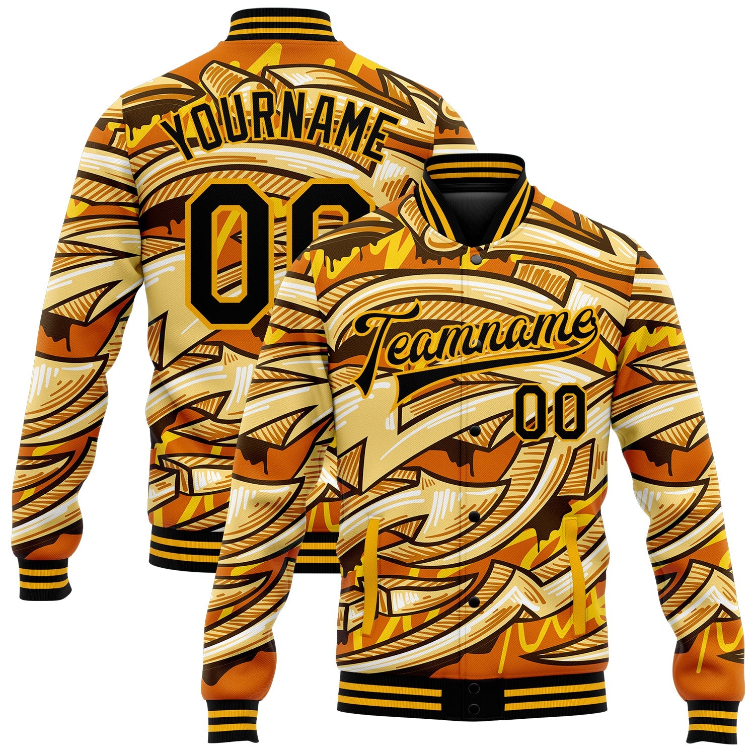Custom Graffiti Pattern Black-Gold Bright Colored Funky Abstract Arrows 3D Bomber Full-Snap Varsity Letterman Jacket - Main View