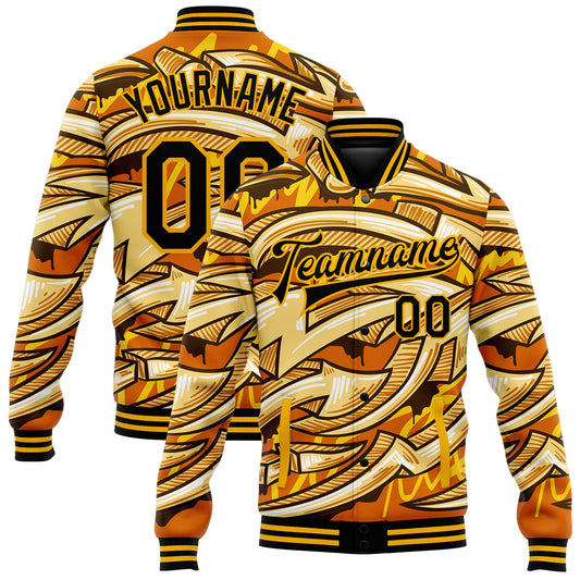 Custom Graffiti Pattern Black-Gold Bright Colored Funky Abstract Arrows 3D Bomber Full-Snap Varsity Letterman Jacket - Main View