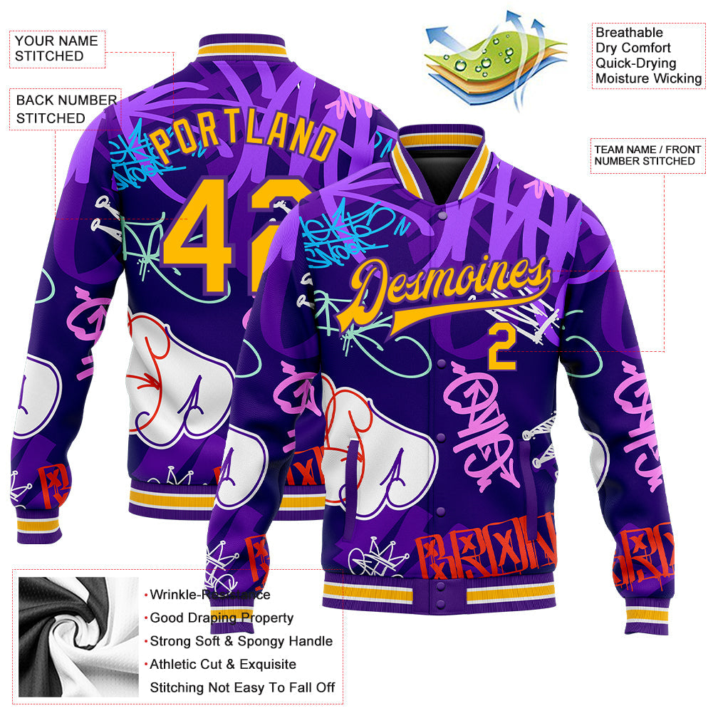 Custom Graffiti Pattern Gold-Purple Hiphop Urban Street Art 3D Bomber Full-Snap Varsity Letterman Jacket view 5