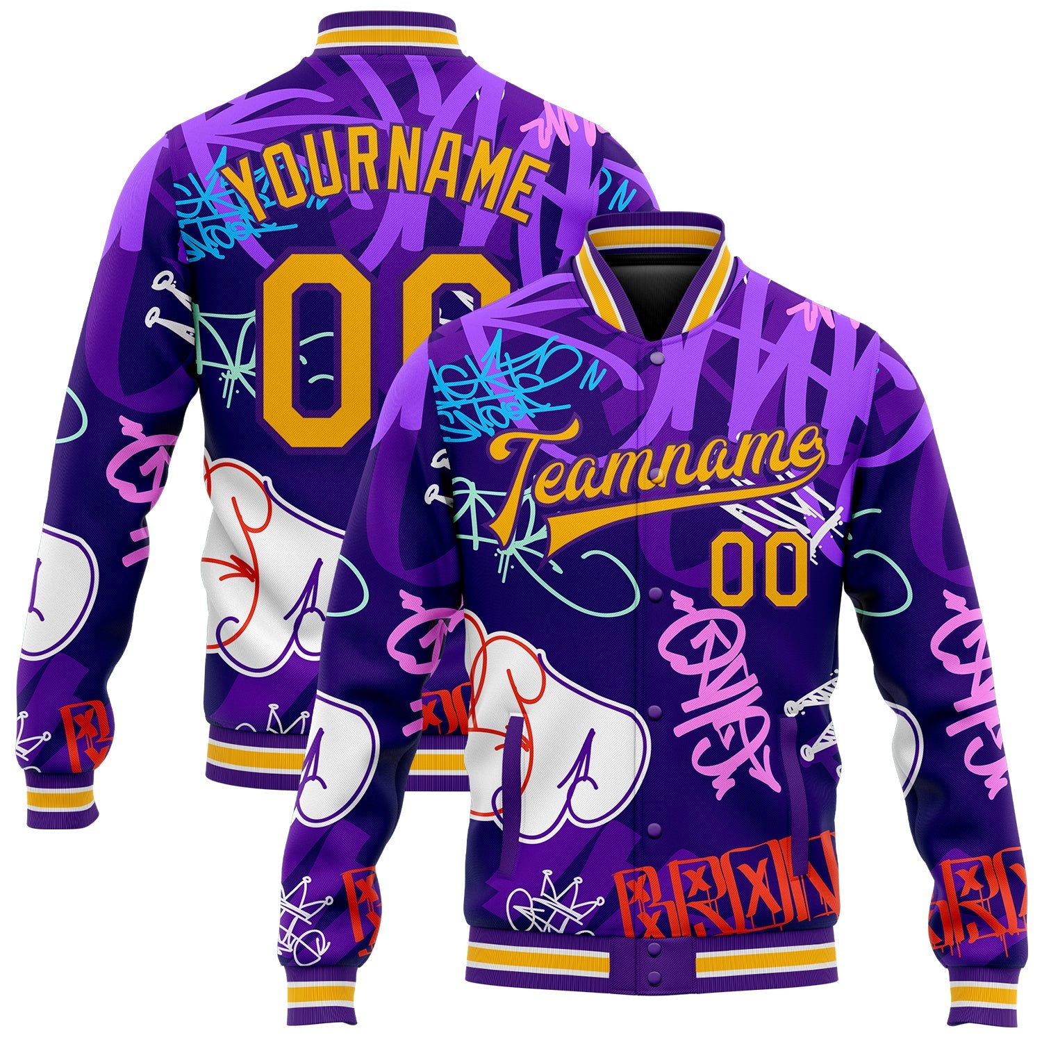 Custom Graffiti Pattern Gold-Purple Hiphop Urban Street Art 3D Bomber Full-Snap Varsity Letterman Jacket - Main View
