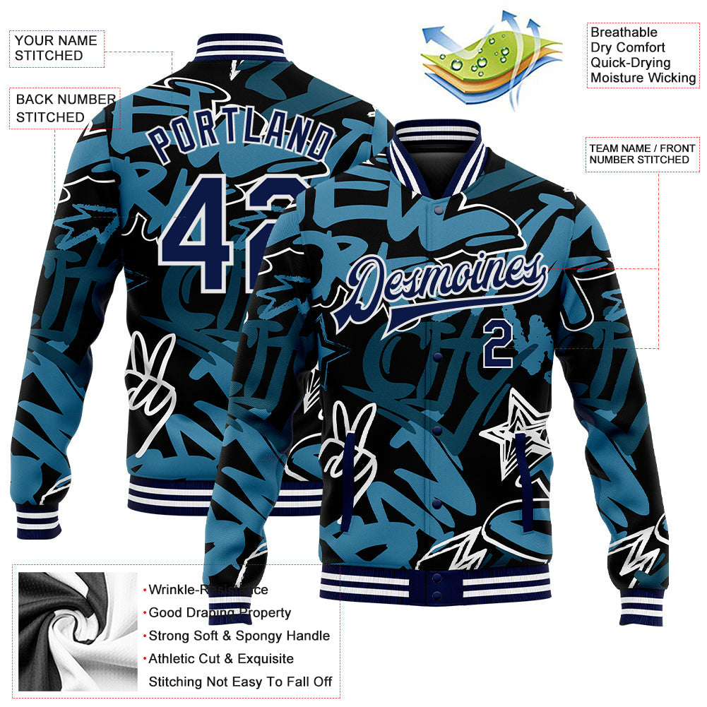 Custom Graffiti Pattern Navy-White Grunge Urban Street Art 3D Bomber Full-Snap Varsity Letterman Jacket view 5