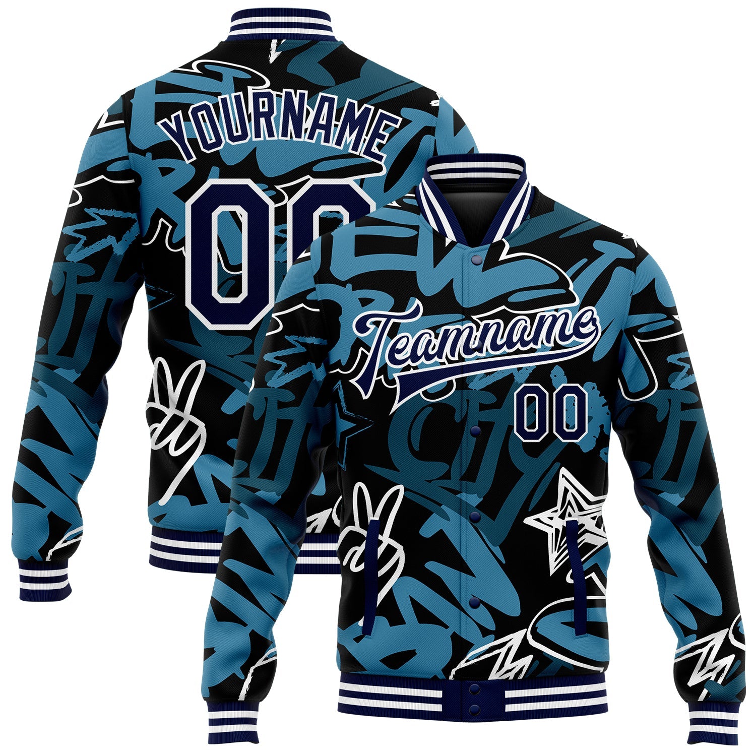 Custom Graffiti Pattern Navy-White Grunge Urban Street Art 3D Bomber Full-Snap Varsity Letterman Jacket - Main View