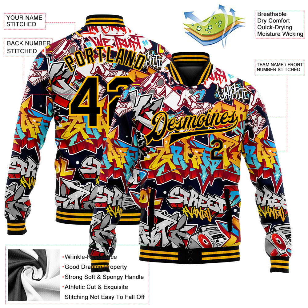 Custom Graffiti Pattern Black-Gold Grunge Urban Street Art 3D Bomber Full-Snap Varsity Letterman Jacket view 5
