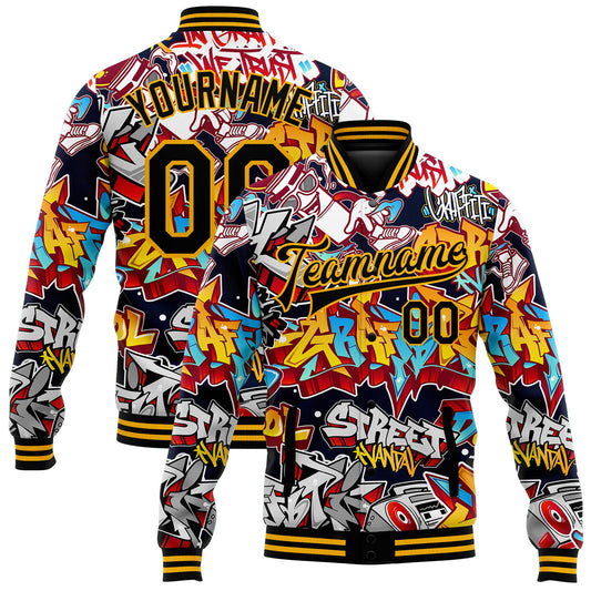 Custom Graffiti Pattern Black-Gold Grunge Urban Street Art 3D Bomber Full-Snap Varsity Letterman Jacket - Main View