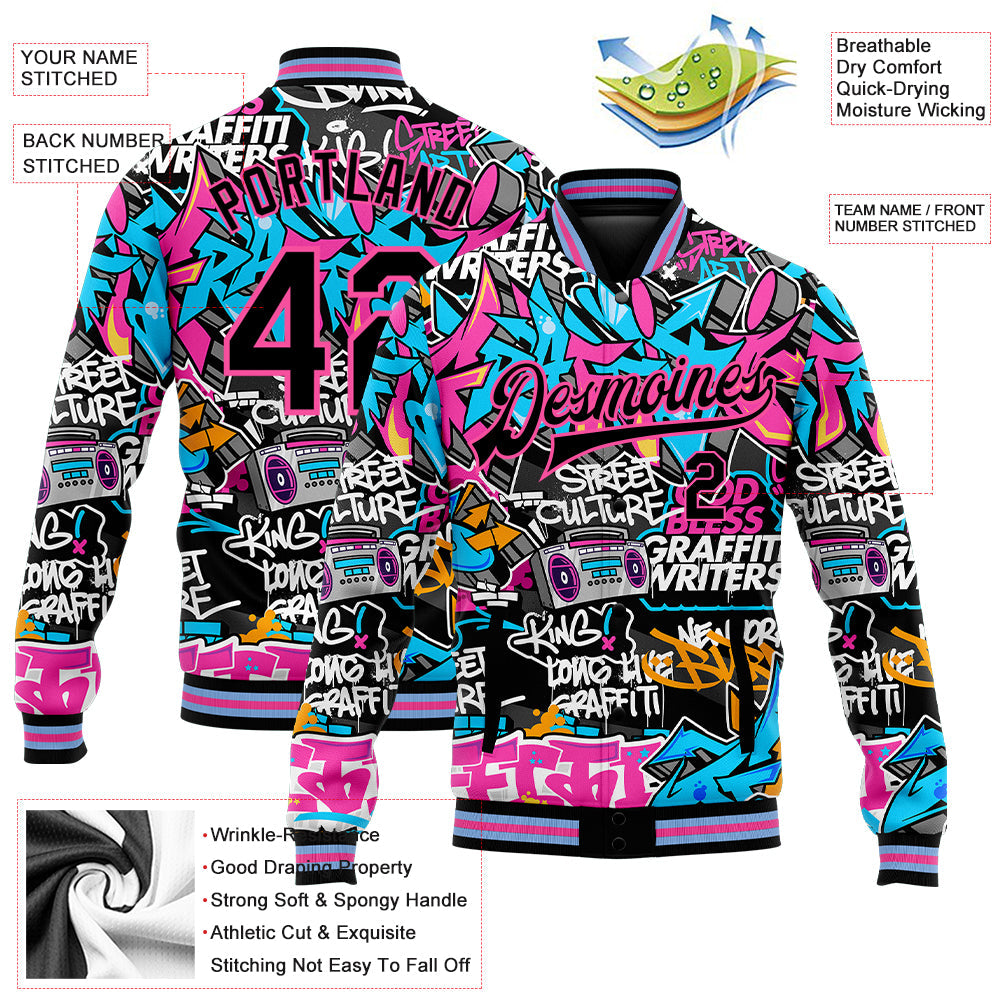 Custom Graffiti Pattern Black Pink Grunge Urban Street Art 3D Bomber Full-Snap Varsity Letterman Jacket view 5