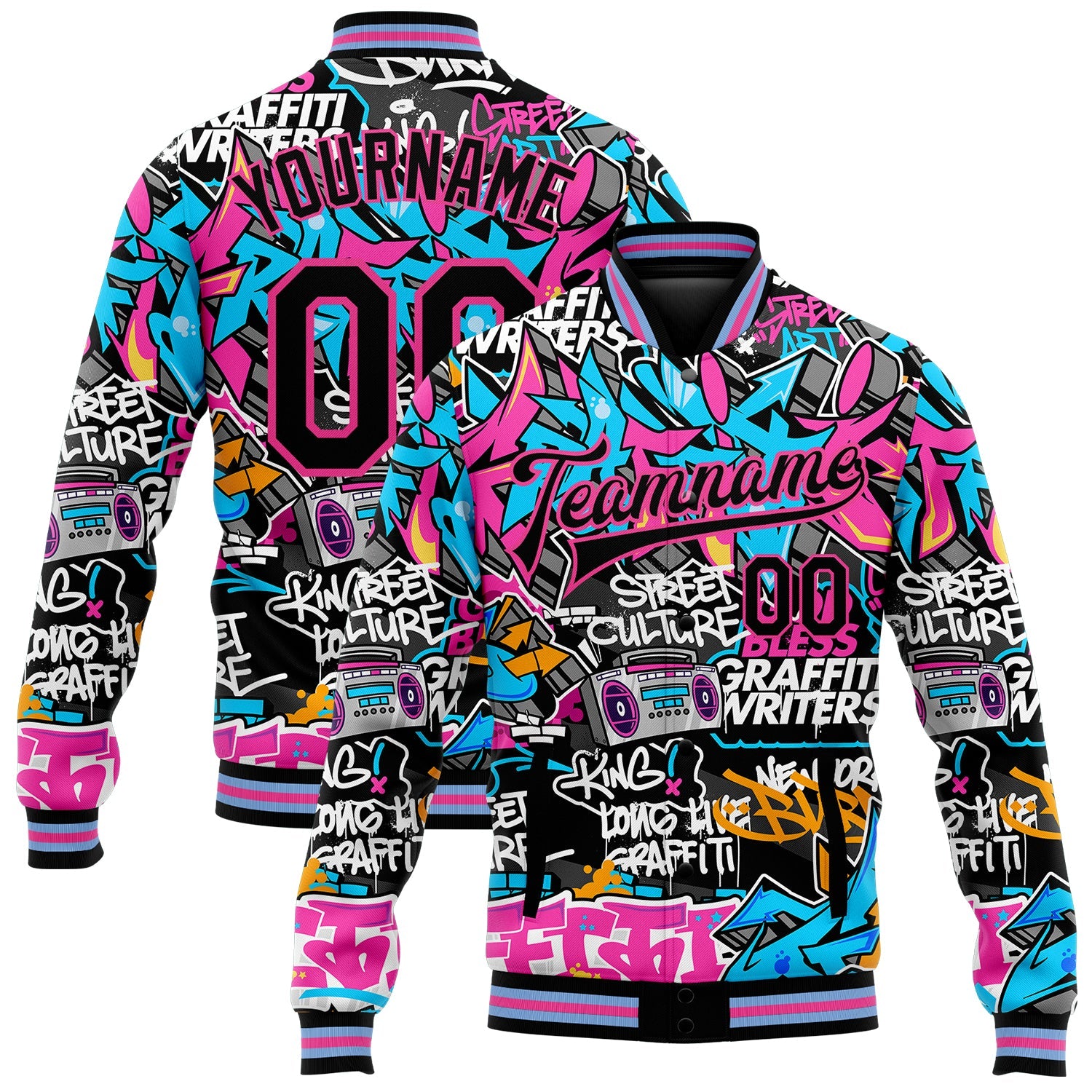 Custom Graffiti Pattern Black Pink Grunge Urban Street Art 3D Bomber Full-Snap Varsity Letterman Jacket - Main View