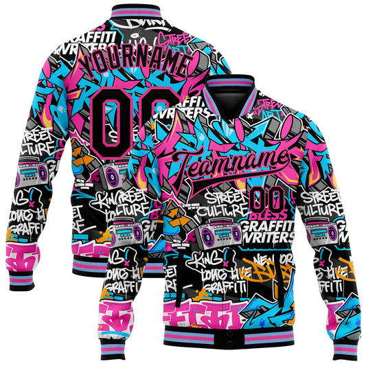 Custom Graffiti Pattern Black Pink Grunge Urban Street Art 3D Bomber Full-Snap Varsity Letterman Jacket - Main View