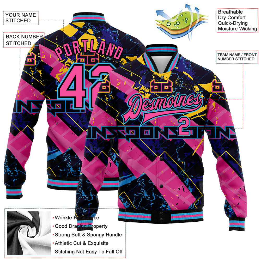 Custom Graffiti Pattern Pink Black-Sky Blue Abstract Futuristic 3D Bomber Full-Snap Varsity Letterman Jacket view 5