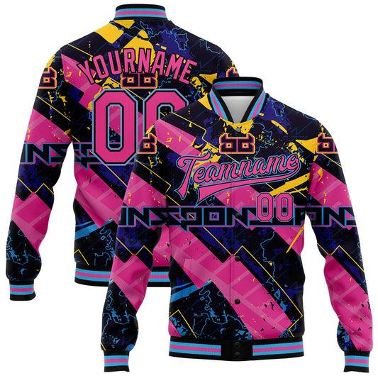 Custom Graffiti Pattern Pink Black-Sky Blue Abstract Futuristic 3D Bomber Full-Snap Varsity Letterman Jacket - Main View