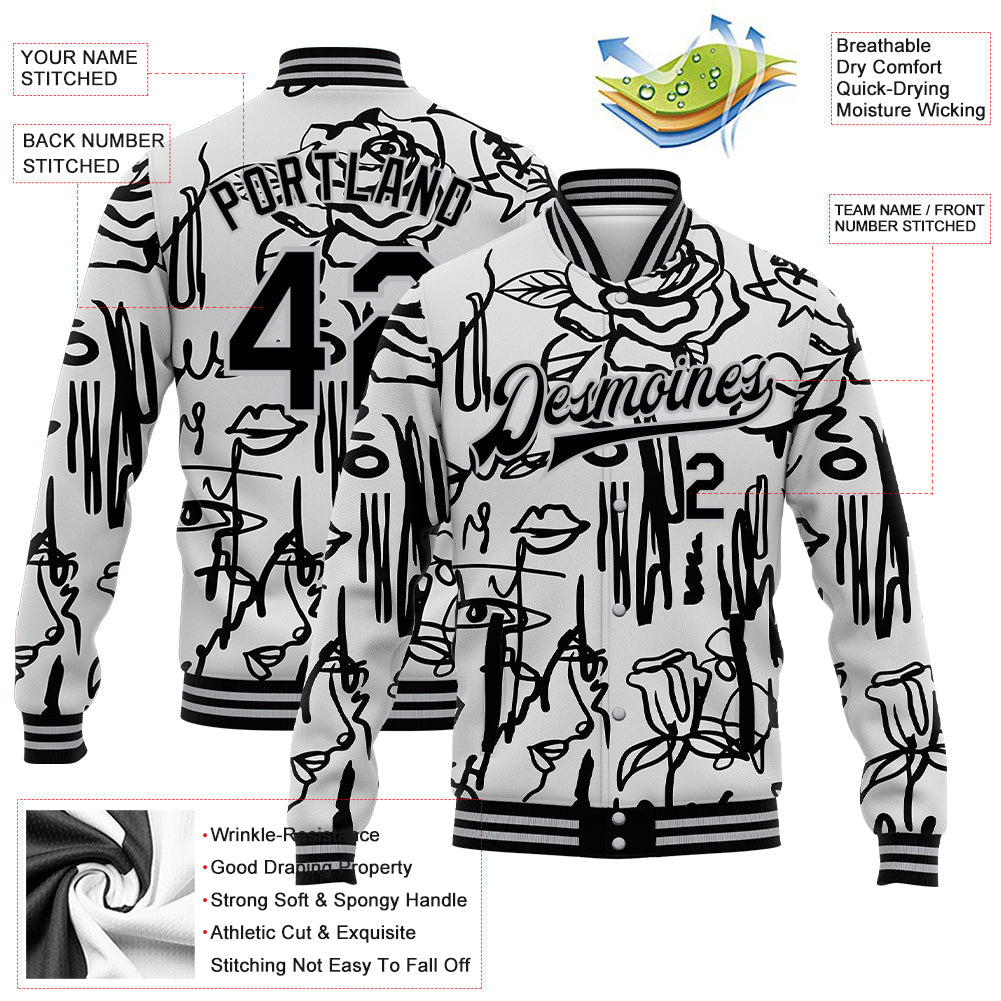 Custom Graffiti Pattern Black-Gray Grunge Art With Female Faces Lips 3D Bomber Full-Snap Varsity Letterman Jacket view 5