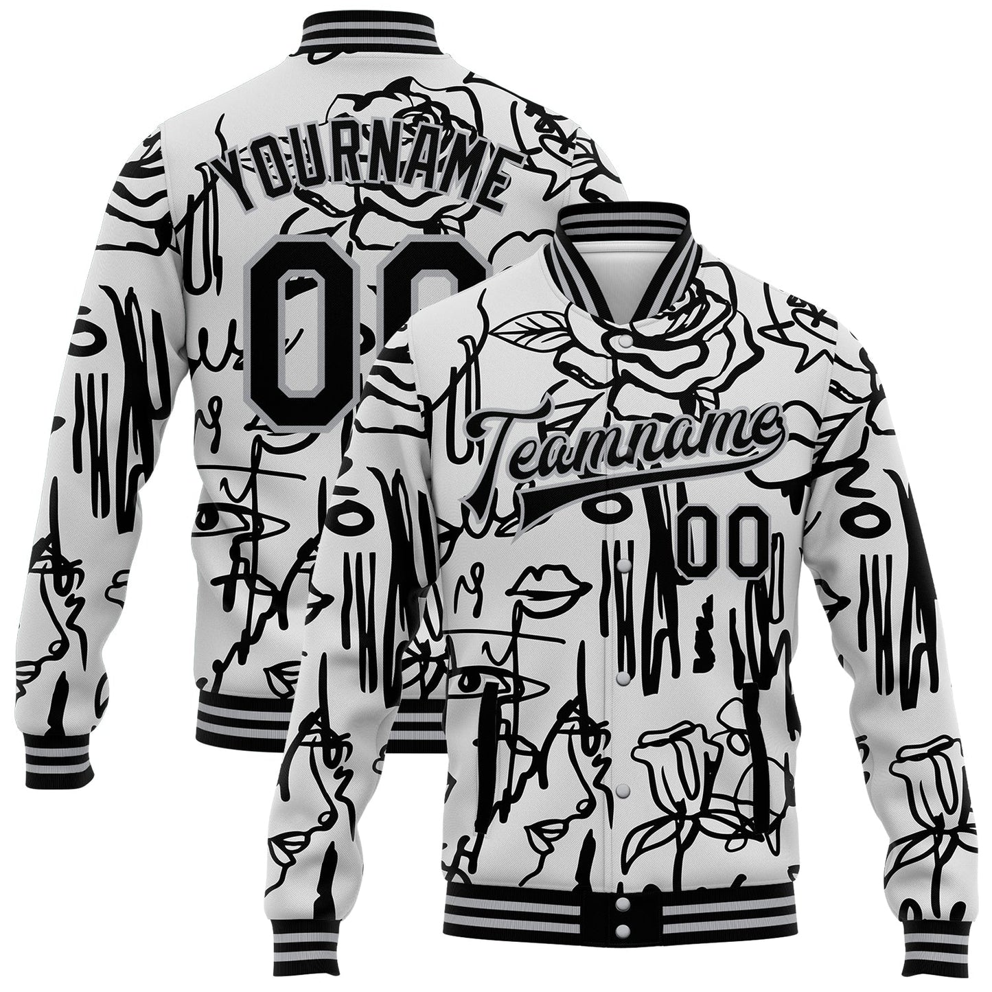 Custom Graffiti Pattern Black-Gray Grunge Art With Female Faces Lips 3D Bomber Full-Snap Varsity Letterman Jacket - Main View