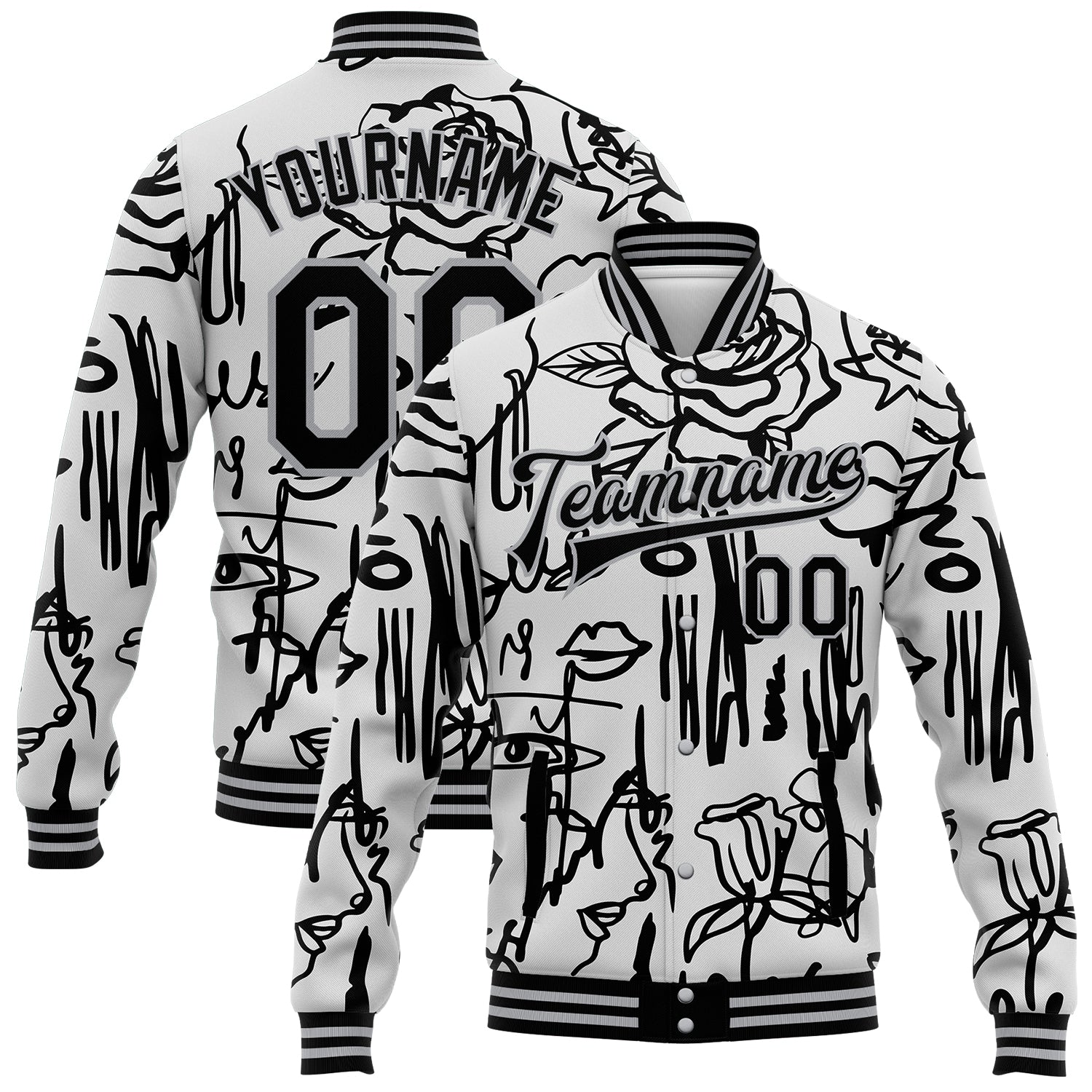 Custom Graffiti Pattern Black-Gray Grunge Art With Female Faces Lips 3D Bomber Full-Snap Varsity Letterman Jacket - Main View