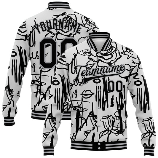 Custom Graffiti Pattern Black-Gray Grunge Art With Female Faces Lips 3D Bomber Full-Snap Varsity Letterman Jacket - Main View