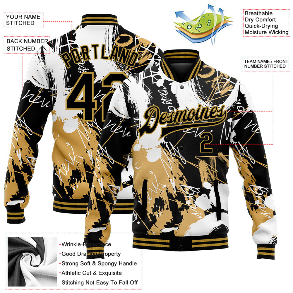 Custom Graffiti Pattern Black-Old Gold Grunge Art 3D Bomber Full-Snap Varsity Letterman Jacket view 5