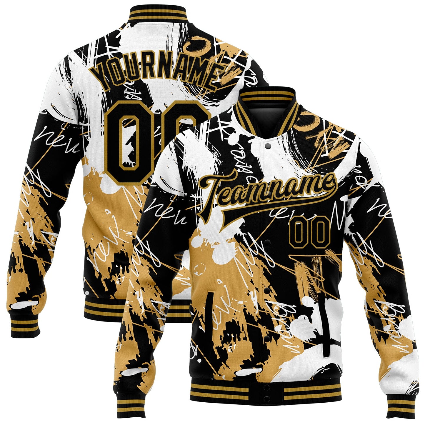 Custom Graffiti Pattern Black-Old Gold Grunge Art 3D Bomber Full-Snap Varsity Letterman Jacket - Main View