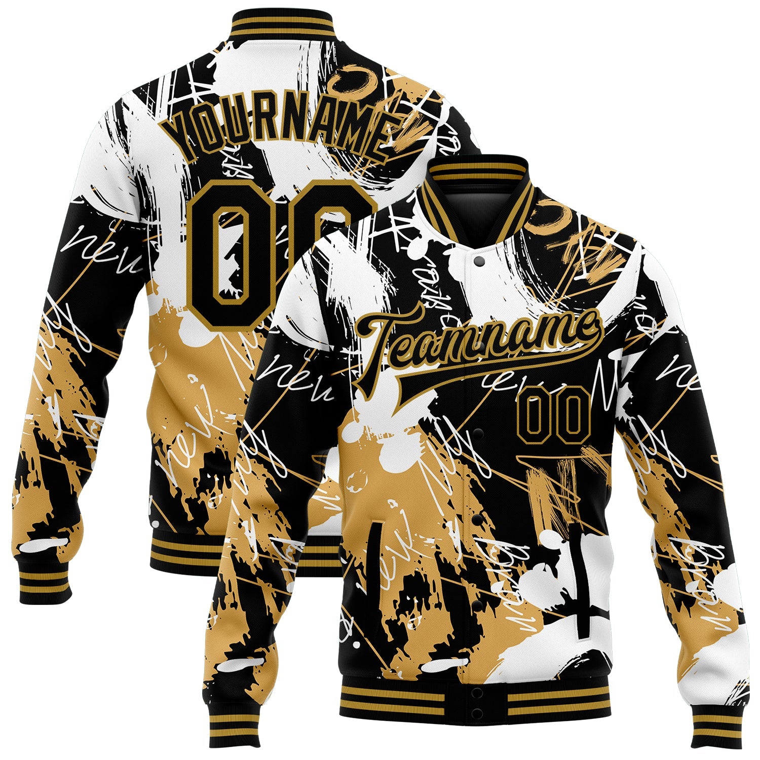 Custom Graffiti Pattern Black-Old Gold Grunge Art 3D Bomber Full-Snap Varsity Letterman Jacket - Main View