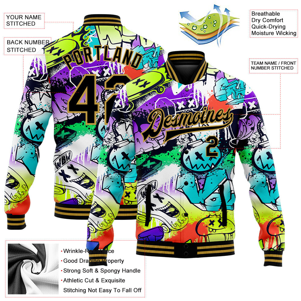 Custom Graffiti Pattern Black-Old Gold Grunge Urban Street Art 3D Bomber Full-Snap Varsity Letterman Jacket view 5