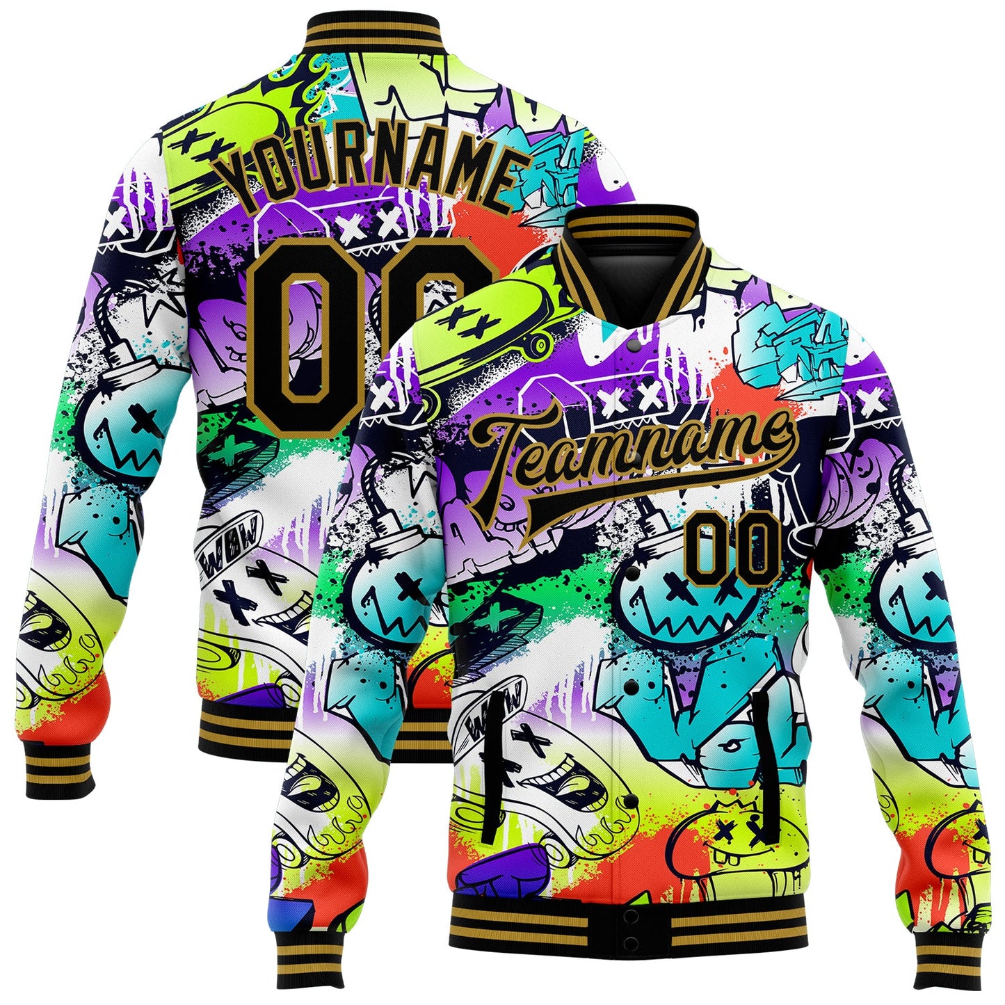Custom Graffiti Pattern Black-Old Gold Grunge Urban Street Art 3D Bomber Full-Snap Varsity Letterman Jacket - Main View