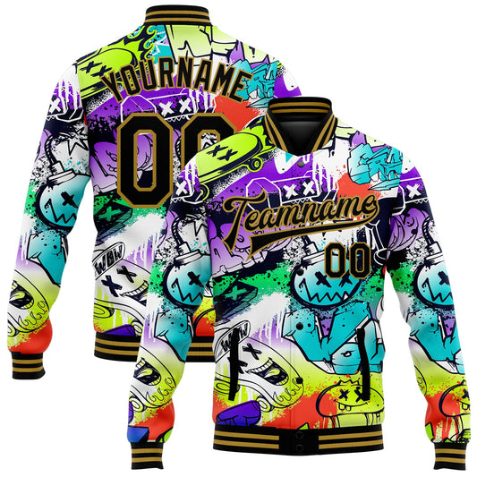 Custom Graffiti Pattern Black-Old Gold Grunge Urban Street Art 3D Bomber Full-Snap Varsity Letterman Jacket - Main View