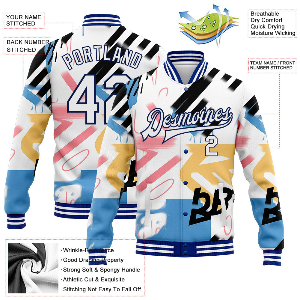 Custom Graffiti Pattern White-Royal Grunge Art 3D Bomber Full-Snap Varsity Letterman Jacket view 5