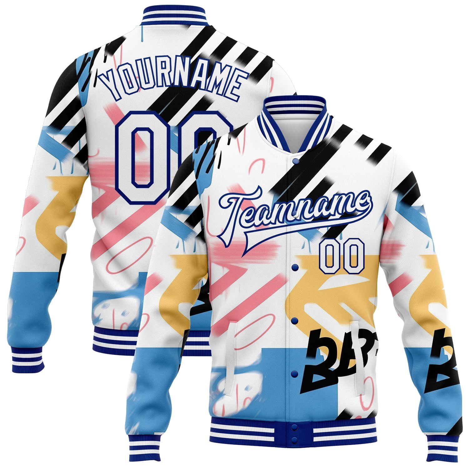 Custom Graffiti Pattern White-Royal Grunge Art 3D Bomber Full-Snap Varsity Letterman Jacket - Main View