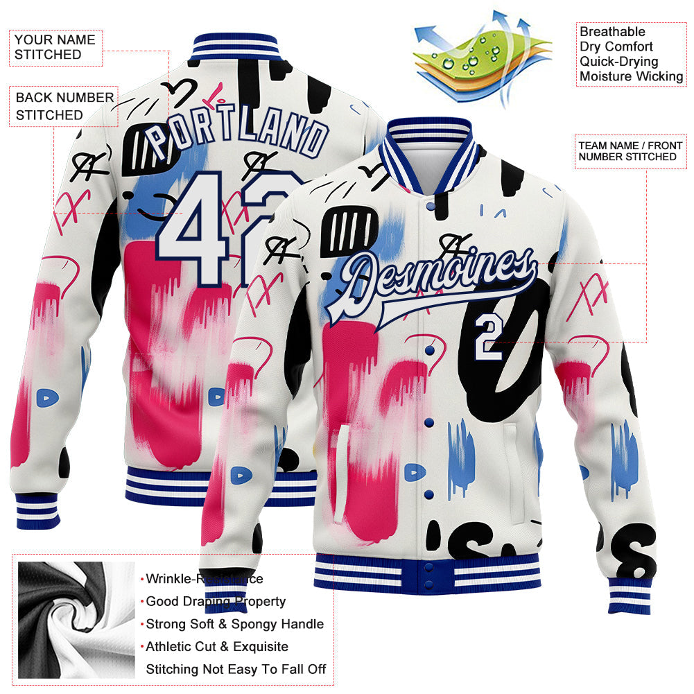 Custom Graffiti Pattern White-Royal Grunge Art 3D Bomber Full-Snap Varsity Letterman Jacket view 5