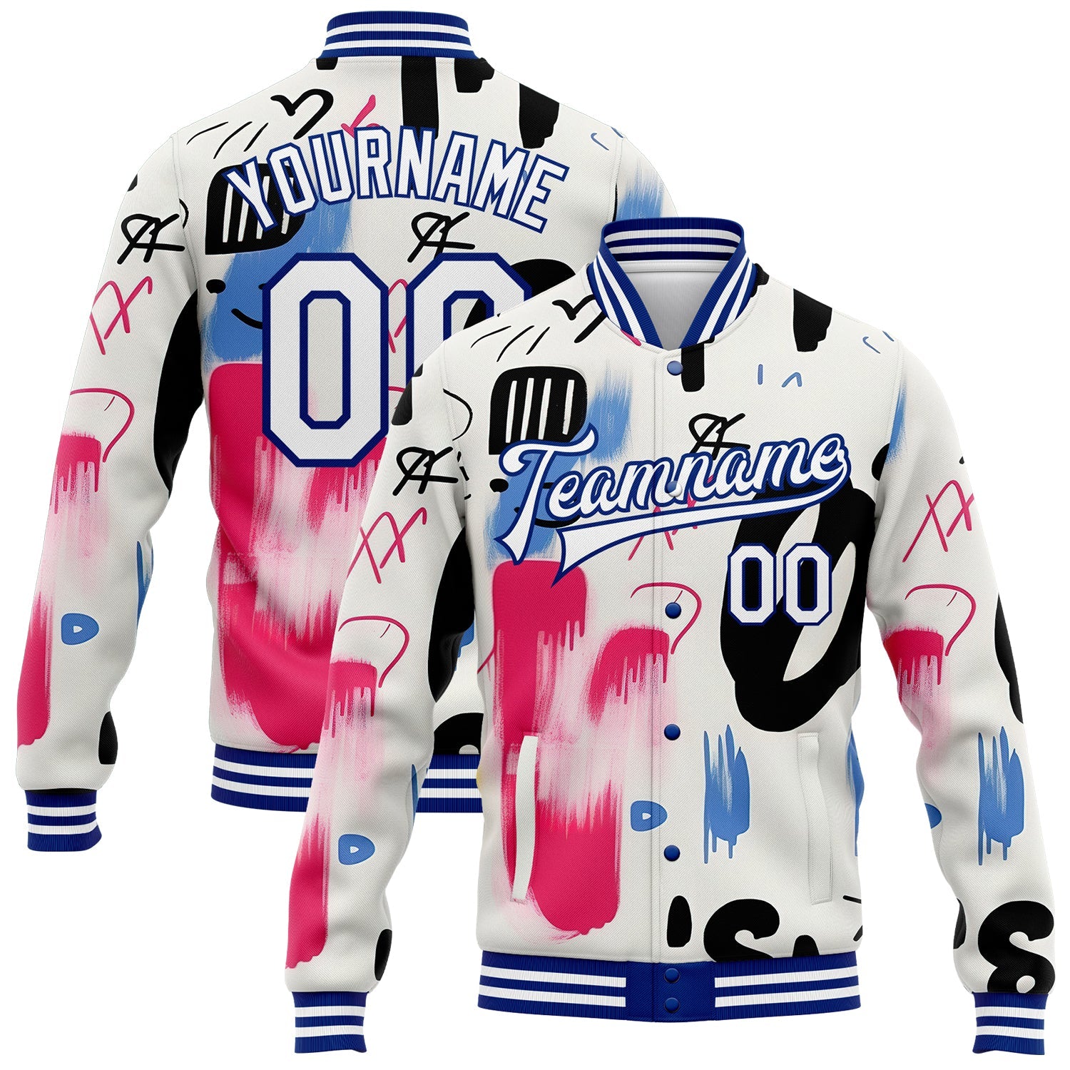 Custom Graffiti Pattern White-Royal Grunge Art 3D Bomber Full-Snap Varsity Letterman Jacket - Main View