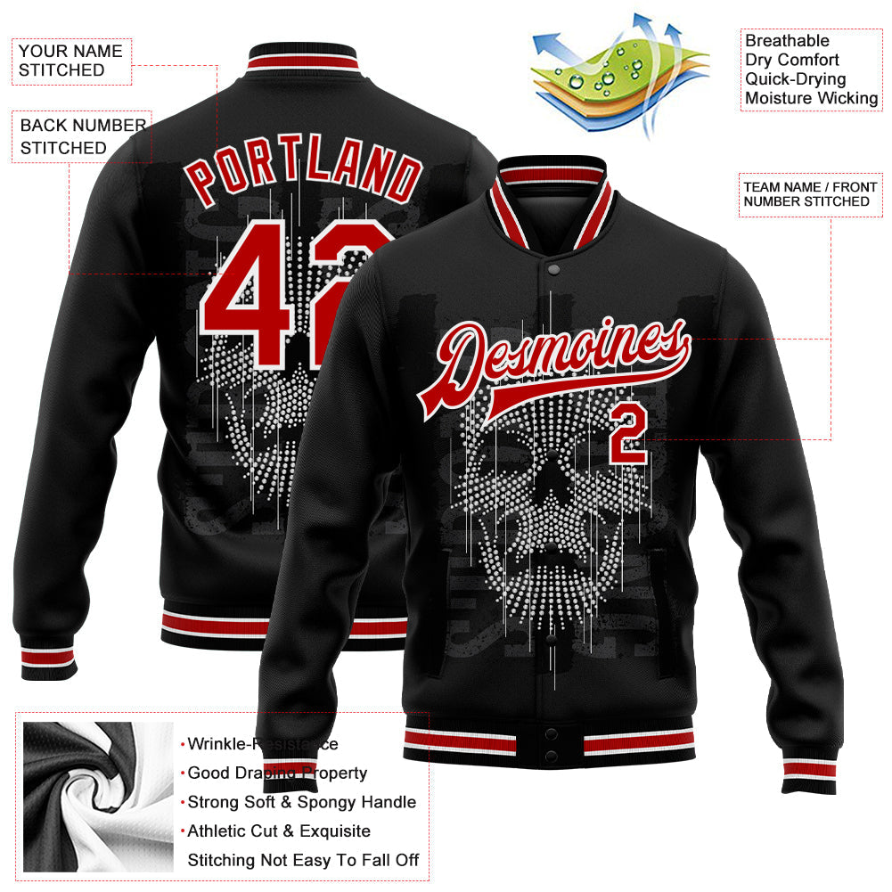 Custom Black Red-White Skull Fashion 3D Bomber Full-Snap Varsity Letterman Jacket view 5