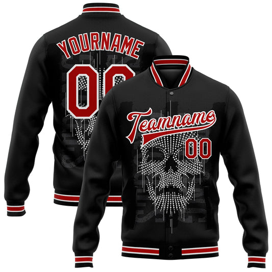 Custom Black Red-White Skull Fashion 3D Bomber Full-Snap Varsity Letterman Jacket - Main View