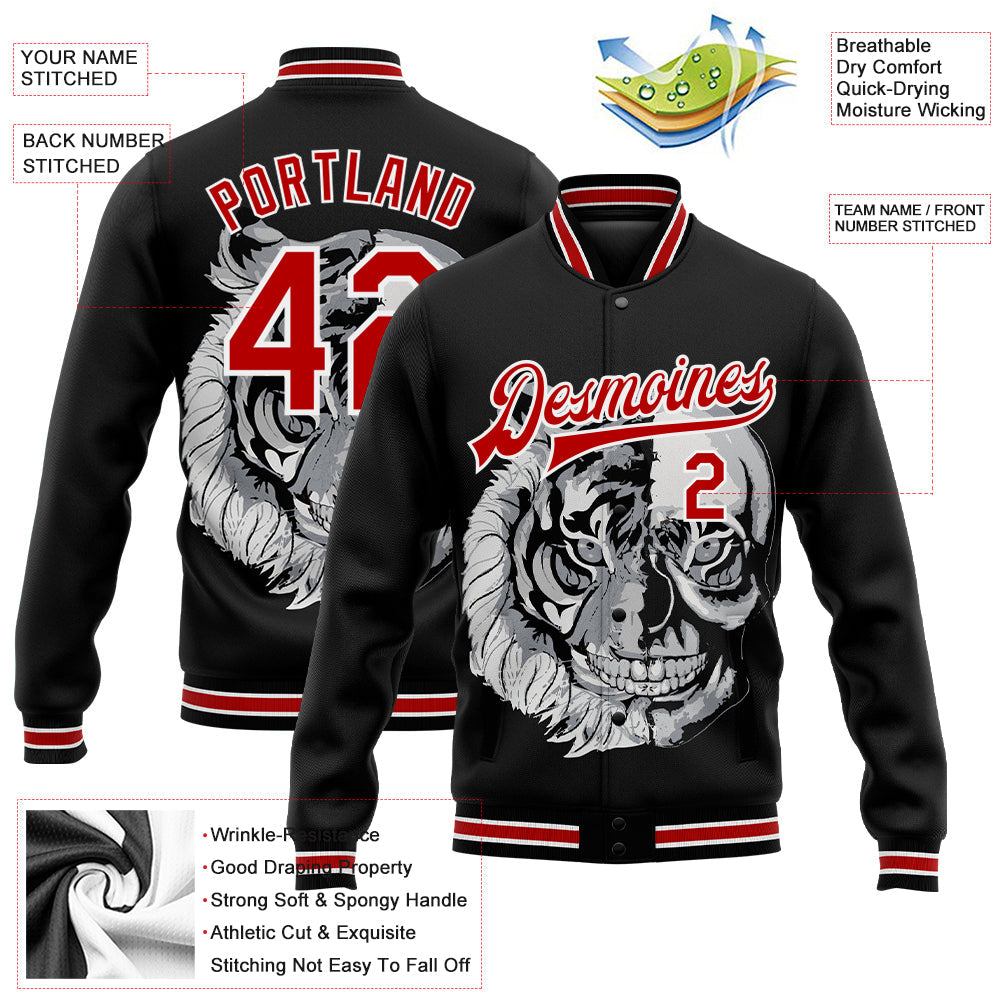 Custom Black Red-White Skull Fashion 3D Bomber Full-Snap Varsity Letterman Jacket view 5