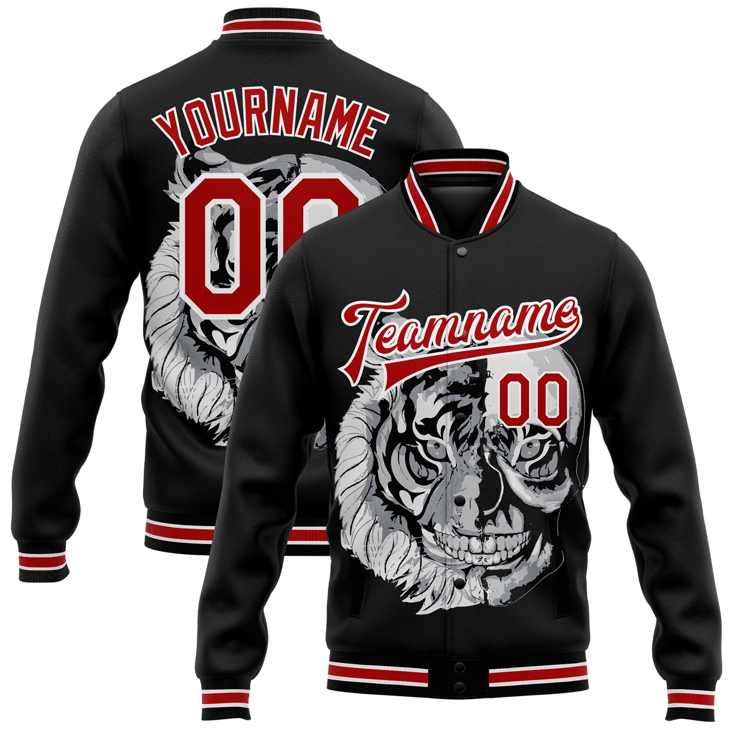 Custom Black Red-White Skull Fashion 3D Bomber Full-Snap Varsity Letterman Jacket - Main View