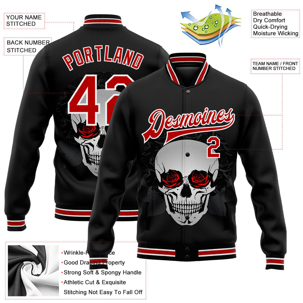 Custom Black Red-White Skull With Roses 3D Bomber Full-Snap Varsity Letterman Jacket view 5