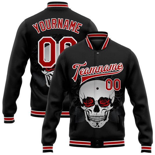 Custom Black Red-White Skull With Roses 3D Bomber Full-Snap Varsity Letterman Jacket - Main View