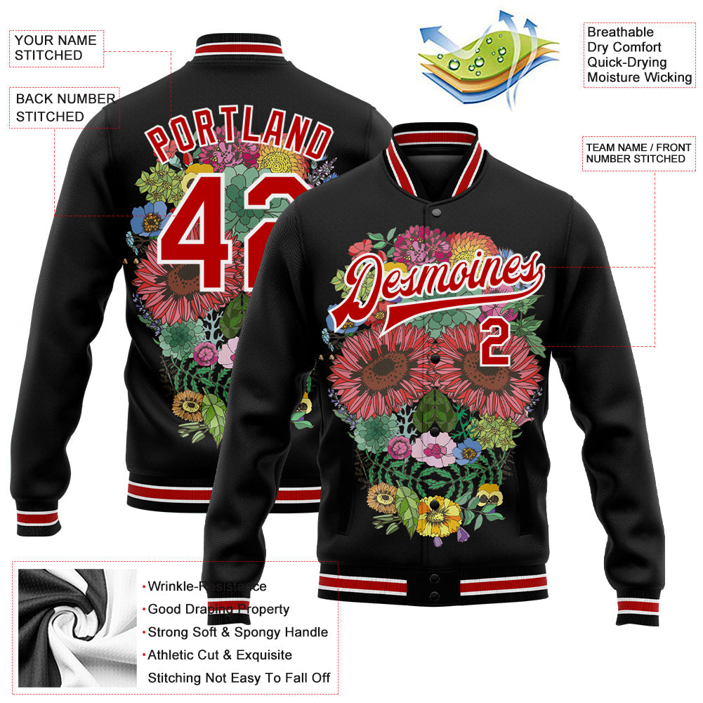 Custom Black Red-White Skull With Flowers 3D Bomber Full-Snap Varsity Letterman Jacket view 5