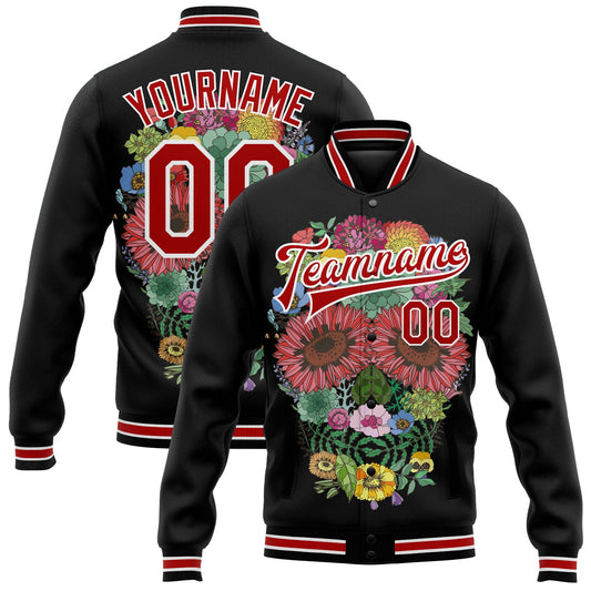 Custom Black Red-White Skull With Flowers 3D Bomber Full-Snap Varsity Letterman Jacket - Main View