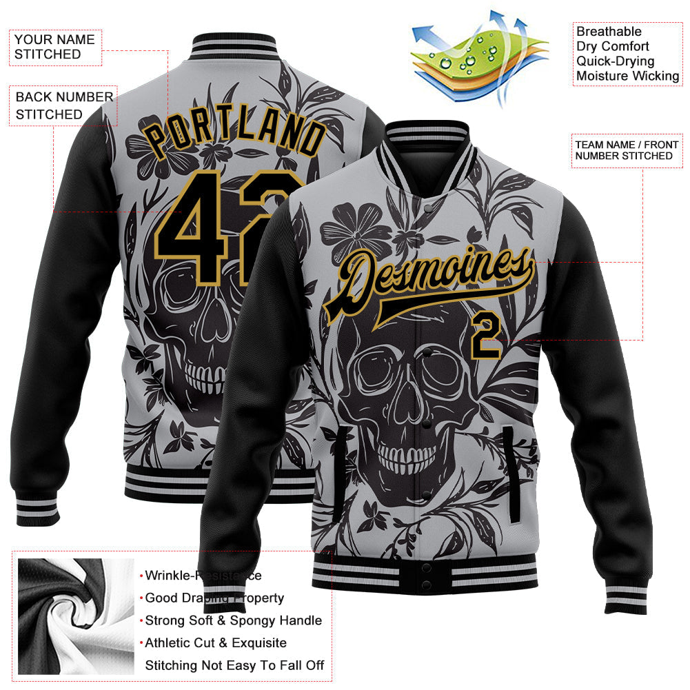Custom Gray Black-Old Gold Skull With Flowers 3D Bomber Full-Snap Varsity Letterman Two Tone Jacket view 5