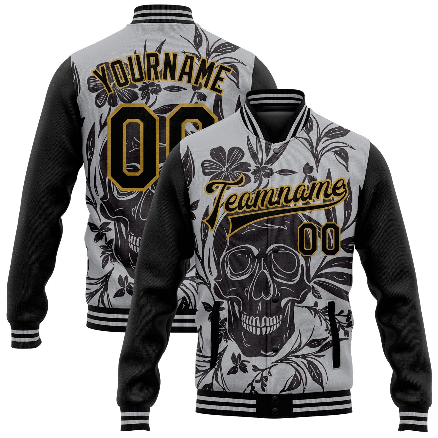 Custom Gray Black-Old Gold Skull With Flowers 3D Bomber Full-Snap Varsity Letterman Two Tone Jacket - Main View