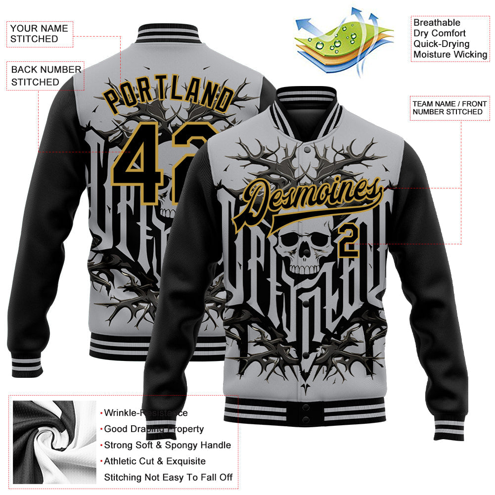 Custom Gray Black-Old Gold Skull With Thorns 3D Bomber Full-Snap Varsity Letterman Two Tone Jacket view 5