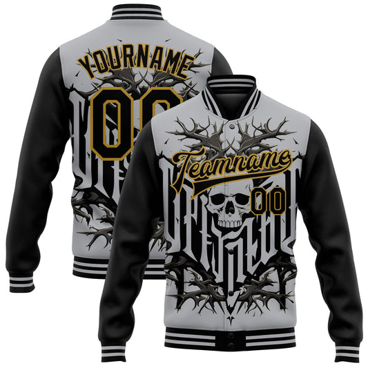 Custom Gray Black-Old Gold Skull With Thorns 3D Bomber Full-Snap Varsity Letterman Two Tone Jacket - Main View