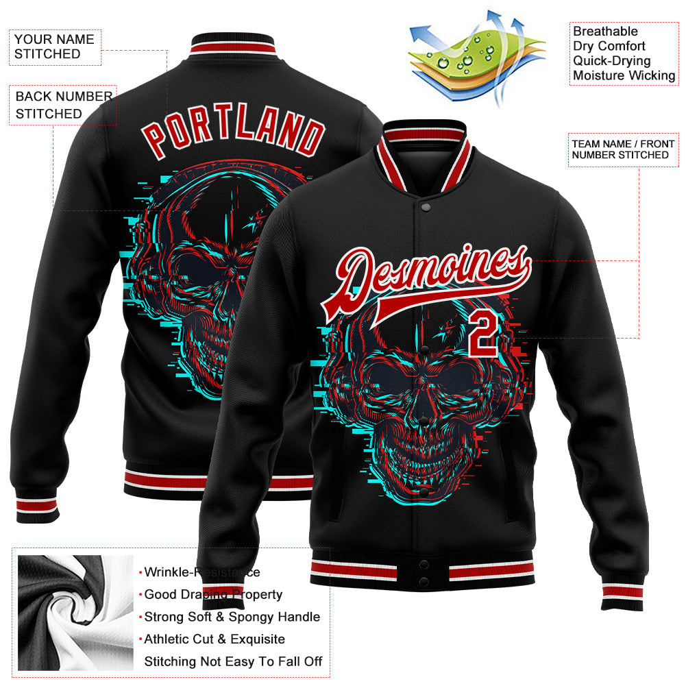 Custom Black Red-White Skull With Headphones 3D Bomber Full-Snap Varsity Letterman Jacket view 5