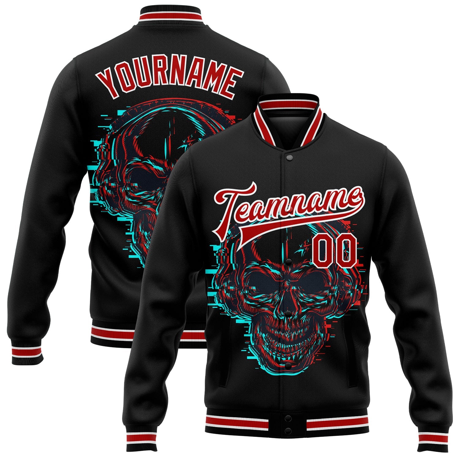 Custom Black Red-White Skull With Headphones 3D Bomber Full-Snap Varsity Letterman Jacket - Main View