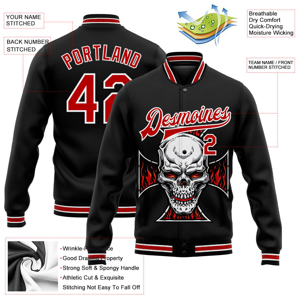 Custom Black Red-White Skull With Cross Logo 3D Bomber Full-Snap Varsity Letterman Jacket view 5
