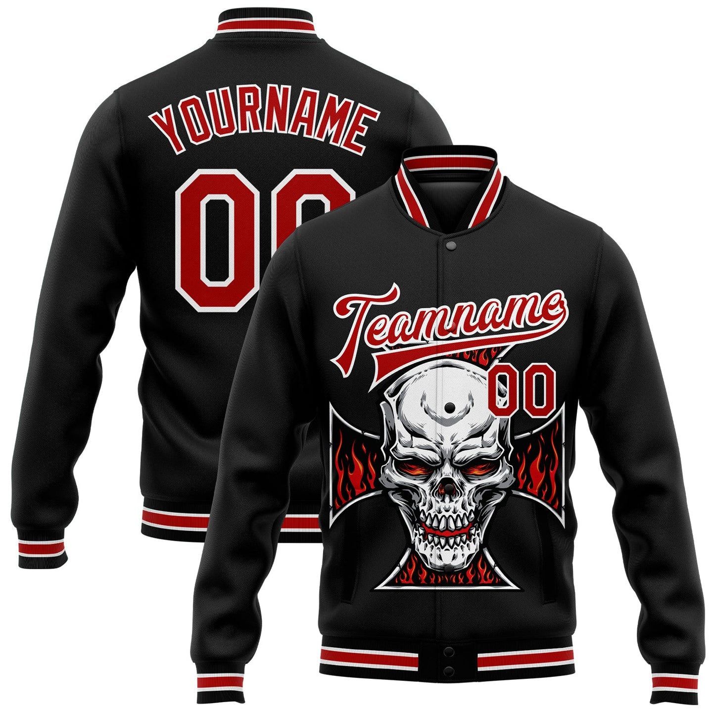 Custom Black Red-White Skull With Cross Logo 3D Bomber Full-Snap Varsity Letterman Jacket - Main View