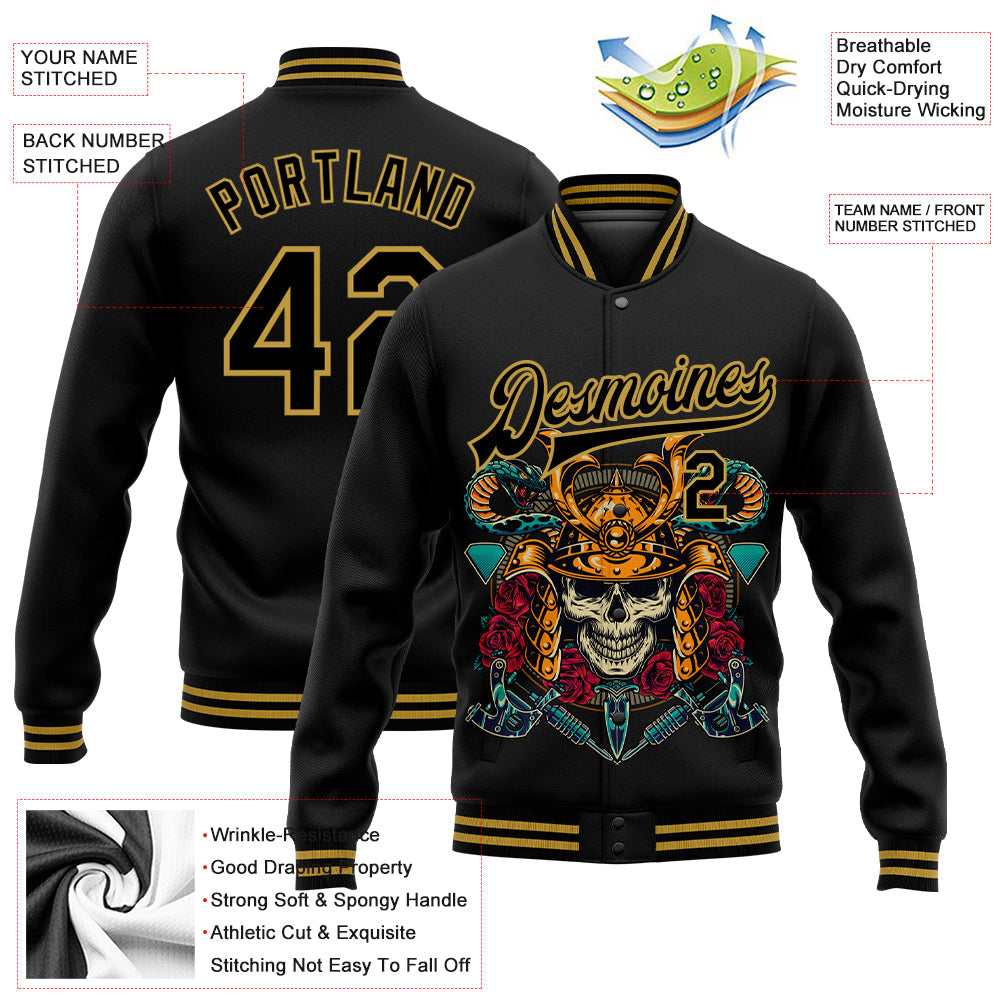Custom Black Old Gold Skull Fashion 3D Bomber Full-Snap Varsity Letterman Jacket view 5