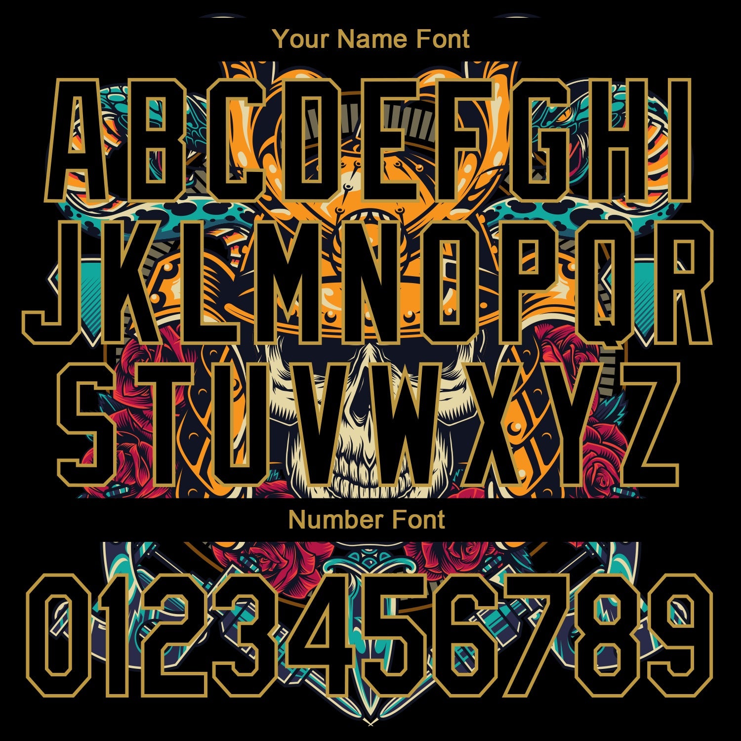 Custom Black Old Gold Skull Fashion 3D Bomber Full-Snap Varsity Letterman Jacket view 7