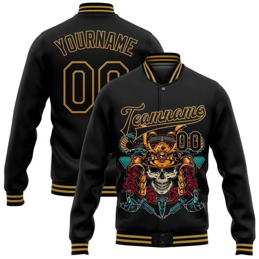 Custom Black Old Gold Skull Fashion 3D Bomber Full-Snap Varsity Letterman Jacket - Main View