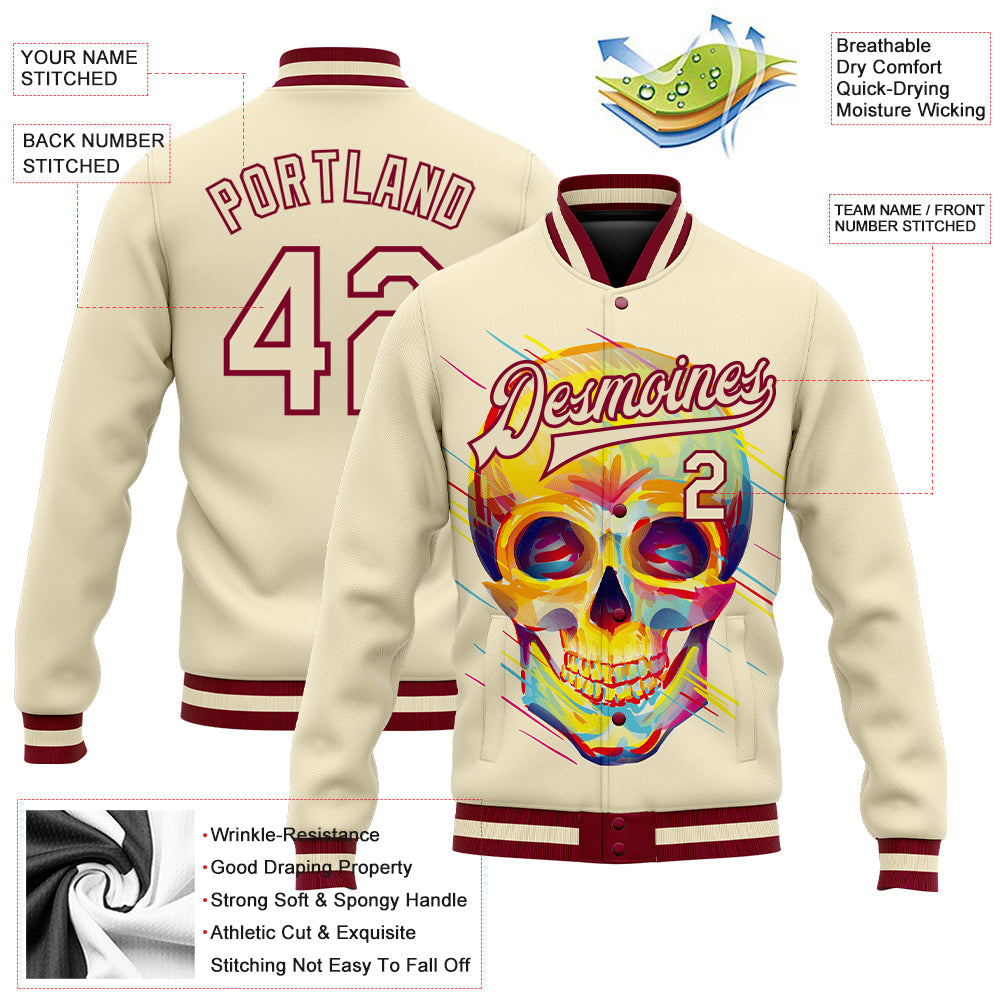 Custom Cream Maroon Skull Fashion 3D Bomber Full-Snap Varsity Letterman Jacket view 5