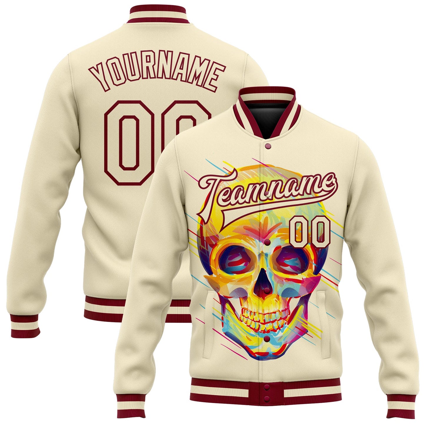 Custom Cream Maroon Skull Fashion 3D Bomber Full-Snap Varsity Letterman Jacket - Main View