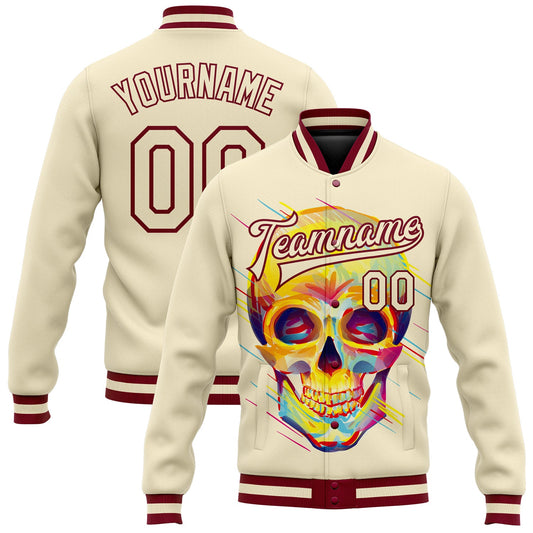 Custom Cream Maroon Skull Fashion 3D Bomber Full-Snap Varsity Letterman Jacket - Main View